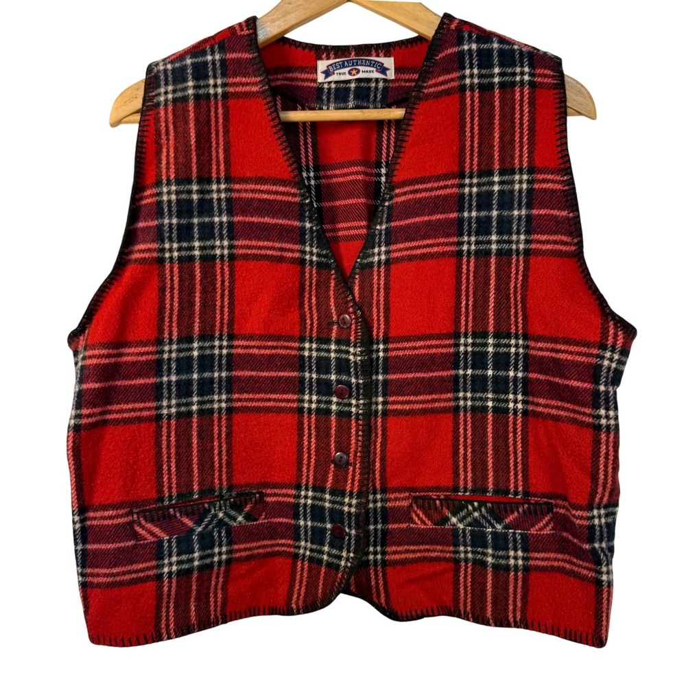 Vintage‎ Cabincore Plaid Wool Blend Vest Womens Large Red